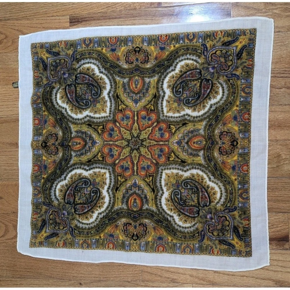 Vintage Paisley Wool Cashmere Hand Print Scarf 22x25 Boho Cottagecore